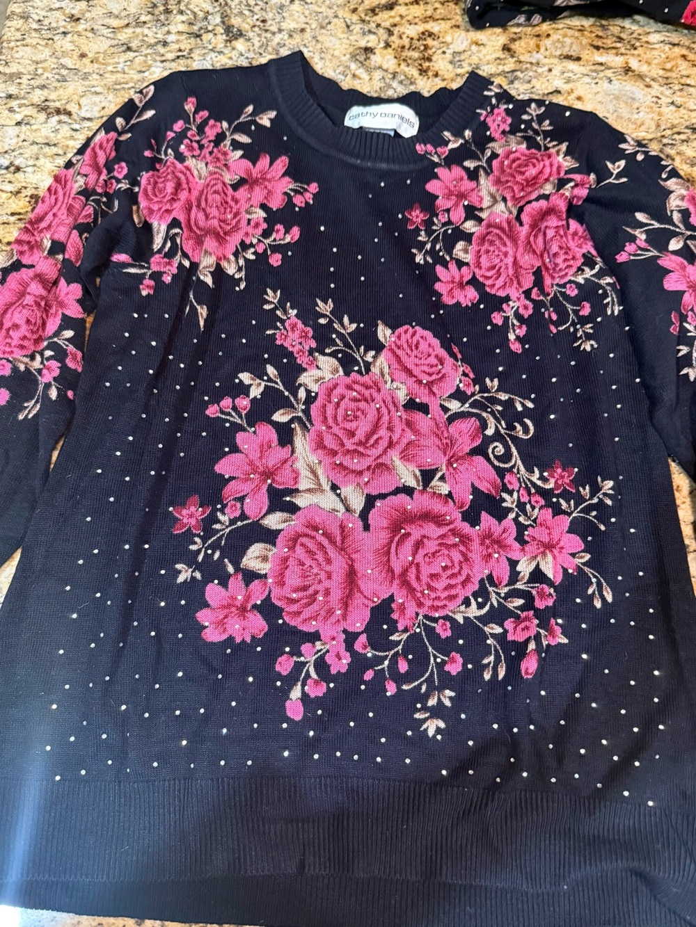 Cathy Daniels Black Sweater with Pink Rose Embroidery